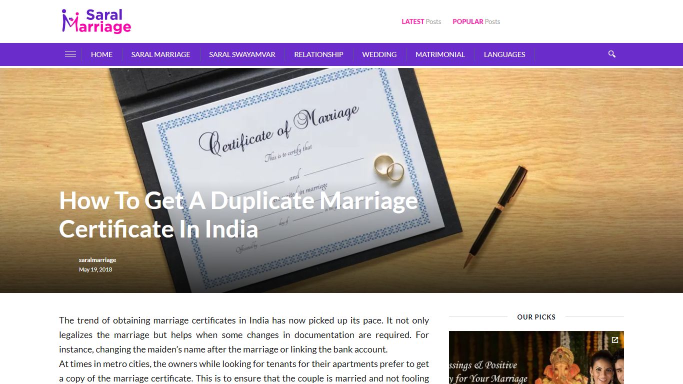 How To Get A Duplicate Marriage Certificate In India - Saral Marriage Blog